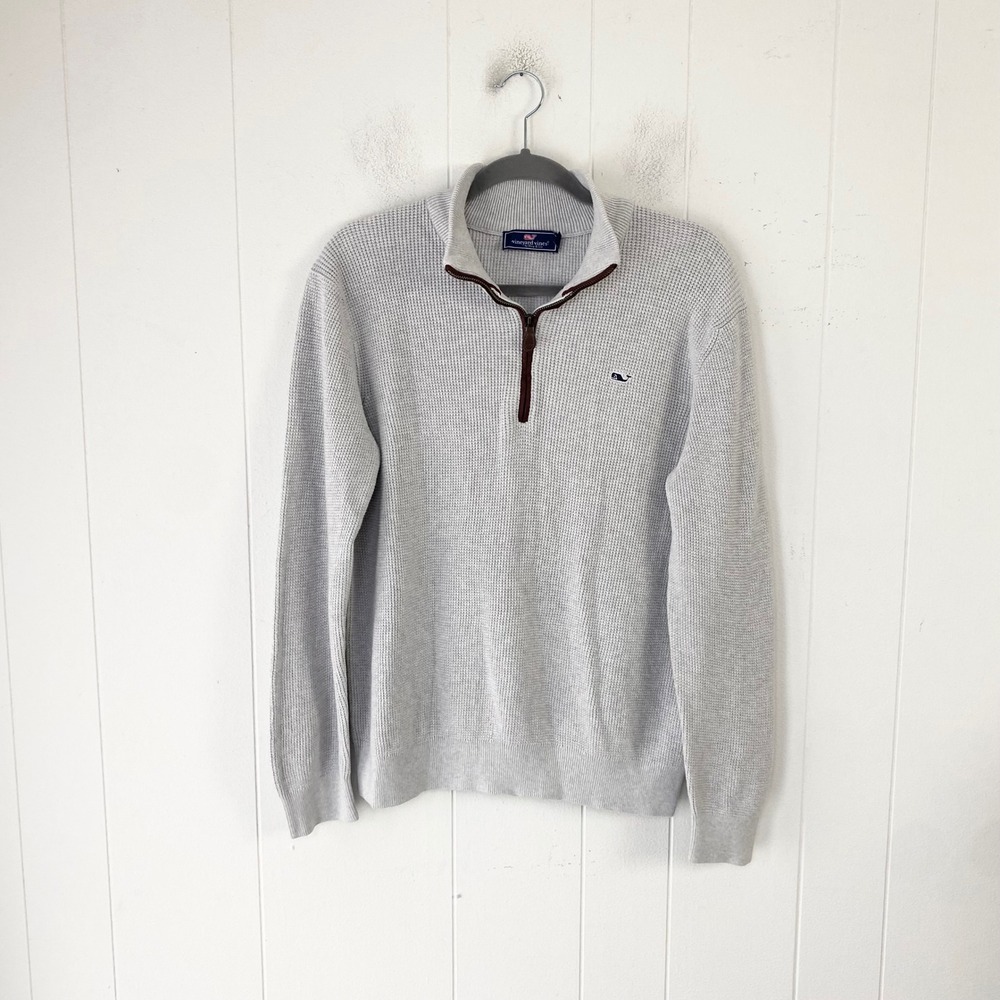 Vineyard Vines Light Gray Waffle Knit Quarter Zip Pullover Sweater Size Small